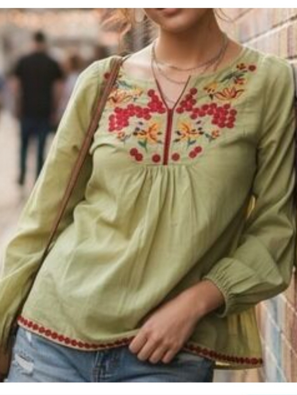 Olive Green Embroidered Women's Tunic Top